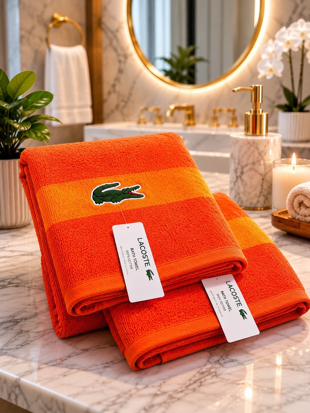 Lacoste Orange Bath Towels Set of 2 Crocodile Logo 100% Cotton New